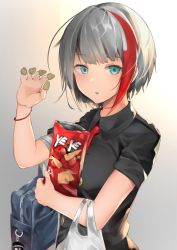 Rule 34 | 1girl, admiral graf spee (azur lane), admiral graf spee (girl&#039;s sunday) (azur lane), aqua eyes, azur lane, bag, black dress, bugle, bugles, bugles (food), bugles on fingers, carrying, commentary request, dress, food on hand, gradient background, highres, ikashun, instrument, looking at viewer, multicolored hair, necktie, parted lips, school bag, shopping bag, short hair, silver hair, simple background, snack, solo, two-tone hair