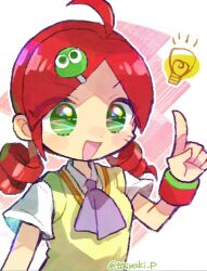 Rule 34 | 1girl, ahoge, andou ringo, collared shirt, commentary, doradorakingyo, drill hair, eyelashes, green eyes, index finger raised, light bulb, looking ahead, neckerchief, open mouth, purple neckerchief, puyopuyo, puyopuyo 7, red wristband, shirt, short sleeves, solo, sweater vest, symbol-only commentary, twin drills, twitter username, upper body, white shirt, yellow sweater vest