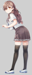 Rule 34 | 1girl, ?, android girl (itou), black thighhighs, blue necktie, brown hair, brown skirt, cable, closed mouth, from behind, full body, grey background, highres, itou (onsoku tassha), kneepits, leaning forward, long hair, looking at viewer, miniskirt, necktie, original, red eyes, school uniform, serafuku, shirt, shoes, simple background, skirt, solo, sweatdrop, thighhighs, white footwear, white shirt