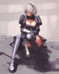 Rule 34 | 1girl, aconitea, ass, black thighhighs, blindfold, breasts, cleavage, elbow gloves, gloves, hair ornament, hairclip, highres, medium breasts, mole, mole under mouth, nier (series), nier:automata, parted lips, short hair, silver hair, sitting, skirt, solo, thighhighs, thighs, 2b (nier:automata)