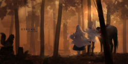 Rule 34 | 2girls, artist name, forest, from behind, horse, long hair, multiple girls, nature, original, pixiv fantasia, pixiv fantasia t, pleated skirt, skirt, squirrel, swd3e2, white hair