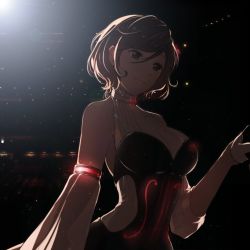 Rule 34 | 1girl, asymmetrical sleeves, auditorium, backless outfit, bare shoulders, breasts, brown hair, cleavage, commentary, detached sleeves, flower, flower neckwear, hair ornament, halterneck, hand up, large breasts, lens flare, meiko (vocaloid), miku symphony (vocaloid), red eyes, rose, short hair, smile, solo, spotlight, uneven sleeves, upper body, vocaloid, yen-mi