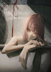 Rule 34 | 1girl, absurdres, ao desu2222, bare shoulders, bathtub, blood, expressionless, highres, long hair, looking at viewer, original, pink hair, red eyes, solo