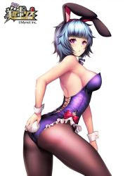 Rule 34 | 1girl, animal ears, ass, bad id, bad pixiv id, bare shoulders, blue hair, blush, breasts, buttons, commentary request, copyright name, detached collar, fake animal ears, frills, from side, hui jie, leotard, logo, looking at viewer, medium breasts, original, pantyhose, parted lips, playboy bunny, purple eyes, purple leotard, rabbit, rabbit ears, rabbit tail, ribbon, simple background, solo, strapless, strapless leotard, tail, white background, wrist cuffs