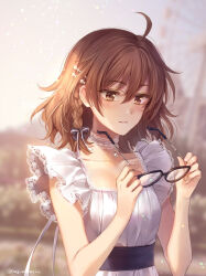 Rule 34 | 1girl, ahoge, araki hina, black-framed eyewear, black sash, blurry, blurry background, blush, bow, braid, breasts, brown eyes, brown hair, bush, choker, collarbone, dress, ferris wheel, glasses, hagiwara rin, hair bow, hair ribbon, hands up, holding, holding removed eyewear, idolmaster, idolmaster cinderella girls, idolmaster cinderella girls starlight stage, jewelry, lace, lace-trimmed sleeves, lace choker, lace trim, light particles, looking at another, medium breasts, messy hair, necklace, outdoors, parted lips, pearl hair ornament, pearl necklace, ribbon, sash, short hair, short sleeves, single braid, sky, smile, solo, tree, twitter username, two-tone ribbon, unworn eyewear, upper body, white dress