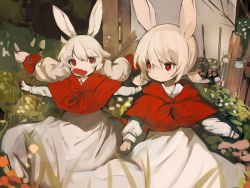 Rule 34 | 2girls, bow, braid, bread slice, capelet, child, dress, female focus, food, grass, hair bow, highres, jam, low twintails, mouth hold, multiple girls, nature, original, outdoors, outstretched arms, rabbit ears, red bow, red capelet, red eyes, shirokujira, short twintails, spread arms, toast, twin braids, twintails, white dress