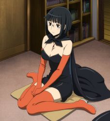 Rule 34 | 1girl, black dress, black hair, blush, bob cut, breasts, cape, cleavage, cosplay, dress, durarara!!, elbow gloves, glasses, gloves, highres, jewelry, necklace, on floor, screencap, short hair, sitting, solo, sonohara anri, stitched, strapless, strapless dress, thighhighs, third-party edit, wariza