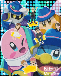 Rule 34 | armor, baseball cap, blue headwear, blush stickers, brown hair, cape, character request, colored skin, commentary request, glasses, hat, highres, holding glowstick, king dedede, kirby, kirby (series), kirby 30th anniversary music festival, kumazaki shin&#039;ya, mask, meta knight, miclot, nintendo, one eye closed, oomoto makiko, open mouth, pauldrons, pink hair, pink skin, real life, sakurai masahiro, shoulder armor, smile, solid oval eyes, sparkle, star (symbol), waddle dee
