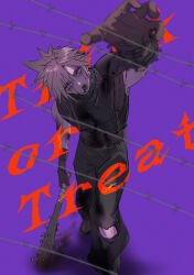 Rule 34 | 1boy, ah yoshimizu, armor, barbed wire, baseball bat, belt, blonde hair, blood, blood from mouth, blood on face, bloody tears, bruise, cloud strife, crisis core final fantasy vii, english text, final fantasy, final fantasy vii, final fantasy vii remake, gloves, highres, holding, holding baseball bat, injury, male focus, multiple belts, shirt, short hair, shoulder armor, sleeveless, sleeveless turtleneck, spiked hair, suspenders, trick or treat, turtleneck