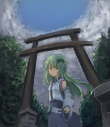 Rule 34 | 1girl, arm behind back, blue skirt, blue sky, closed mouth, cloud, collared shirt, commentary request, cowboy shot, detached sleeves, frog hair ornament, gohei, green eyes, green hair, hair ornament, highres, holding, kochiya sanae, long hair, looking at viewer, medium bangs, outdoors, sensi tobikage, shirt, skirt, sky, sleeveless, sleeveless shirt, smile, solo, torii, touhou, tree, white shirt, white sleeves