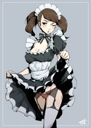 Rule 34 | 1girl, absurdres, apron, bow, bowtie, breasts, brown hair, cleavage, closed mouth, clothes lift, commentary, dress, english commentary, frilled apron, frilled dress, frills, garter belt, garter straps, grey background, highres, kawakami sadayo, kuno (runkunochan), lifting own clothes, light blush, looking away, looking to the side, maid, maid apron, maid headdress, medium breasts, one eye closed, panties, persona, persona 5, persona 5 the royal, red panties, short hair, short sleeves, short twintails, sideways glance, signature, simple background, skirt, skirt lift, solo, thighhighs, twintails, underwear, white thighhighs