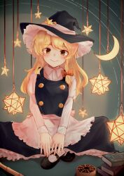 Rule 34 | 1girl, apron, black footwear, black vest, blonde hair, blush, book, bow, braid, closed mouth, collared shirt, commentary request, crescent, hair bow, hat, hat ornament, highres, kirisame marisa, long hair, long sleeves, looking at viewer, mary janes, mini-hakkero, red bow, shirt, shoes, side braid, single braid, skirt, smile, solo, star (symbol), star hat ornament, taguno, touhou, vest, waist apron, white shirt, witch hat, yellow eyes