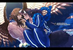Rule 34 | 2boys, aizetsu (kimetsu no yaiba), animal feet, animal hands, beads, bird wings, black nails, blue background, blue eyes, blue hair, blue sclera, bridal gauntlets, brown hair, brown wings, carrying, claws, closed mouth, cloud, colored sclera, demon boy, fangs, feathered wings, feathers, feet out of frame, fingernails, flying, gomarou50, grin, harpy boy, highres, horns, kimetsu no yaiba, long fingernails, long hair, long sleeves, looking at viewer, male focus, monster boy, multiple boys, night, night sky, nipples, no shirt, outdoors, pointy ears, princess carry, rope, shimenawa, sky, smile, star (sky), talons, tasuki, text in eyes, toned, toned male, urogi (kimetsu no yaiba), veins, white horns, wings, yaoi, yellow eyes, yellow sclera