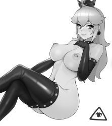 Rule 34 | 1girl, ass, bare shoulders, black gloves, breasts, collar, collarbone, crossed legs, crown, donburi (donburikazoku), earrings, elbow gloves, eye symbol, gloves, greyscale, hand on own chest, hand up, highres, jewelry, large breasts, long hair, looking at viewer, mario (series), monochrome, navel, nintendo, nipple piercing, nipples, piercing, princess peach, smile, solo, spiked collar, spikes, thighhighs, thighs, white background