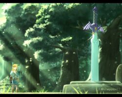 Rule 34 | 1boy, blonde hair, blue tunic, blurry, blurry foreground, boots, brown footwear, forest, gloves, grass, highres, letterboxed, link, low ponytail, male focus, medium hair, nature, nintendo, outdoors, planted, planted sword, planted weapon, pointy ears, sidelocks, solo, sunlight, sword, the legend of zelda, the legend of zelda: breath of the wild, tree, triforce, twitter username, weapon, yayoi (chepiiii23)