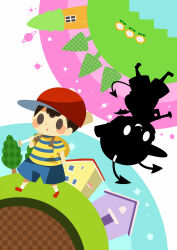 Rule 34 | 2boys, black hair, blue shorts, blush stickers, brown bag, demon tail, demon wings, dual persona, hitofutarai, house, magicant, male focus, mother (game), mother 2, multiple boys, ness (mother 2), nintendo, on mini planet, parted lips, red footwear, red headwear, shirt, short hair, shorts, socks, solid oval eyes, striped clothes, striped shirt, tail, tree, walking, white background, white socks, wings
