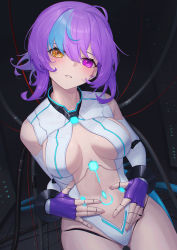 Rule 34 | 1girl, aino (robolife), android, blue hair, breasts, cable, commentary, cowboy shot, english commentary, head tilt, highres, joints, large breasts, leotard, looking at viewer, multicolored hair, parted lips, purple eyes, purple hair, robolife - days with aino, robot joints, solo, streaked hair, white leotard, whitem (whiteemperor2020), yellow eyes
