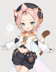 Rule 34 | 1girl, :d, animal ears, beret, black hat, black shorts, blue eyes, bridal gauntlets, capriccio, cat ears, cat girl, cat tail, child, commentary request, diona (genshin impact), forehead, genshin impact, grey background, hat, long sleeves, looking at viewer, open mouth, pink hair, puffy long sleeves, puffy shorts, puffy sleeves, shirt, short eyebrows, short shorts, shorts, simple background, smile, solo, tail, thick eyebrows, v-shaped eyebrows, white shirt