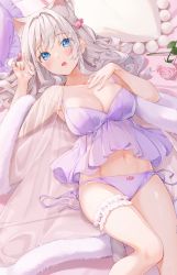 Rule 34 | 1girl, adjusting hair, amanagi el, animal ear fluff, animal ears, armpits, blue eyes, blush, breasts, bridal garter, cat ears, cat girl, cat tail, cleavage, collarbone, commentary request, fang, feather boa, flower, grey hair, groin, hair ornament, twirling hair, highres, indie virtual youtuber, kinako (shiratama mochi), large breasts, lingerie, long hair, looking at viewer, lying, midriff, navel, on back, open mouth, panties, pillow, pink flower, pink rose, rose, see-through, shiny skin, side-tie panties, solo, tail, underwear, untied panties, virtual youtuber