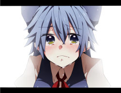 Rule 34 | 1girl, bad id, bad pixiv id, blue hair, cirno, crying, crying with eyes open, fujisaki miyabi, letterboxed, ribbon, solo, tears, touhou, white background, yellow eyes