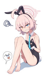 Rule 34 | 1girl, absurdres, ahoge, alternate costume, animal ears, annoyed, bare legs, bare shoulders, barefoot, black gloves, black leotard, blue archive, blue eyes, blue necktie, blush, clenched teeth, collarbone, commentary request, detached collar, doodle sensei (blue archive), fake animal ears, fake tail, feet, fingerless gloves, frown, gloves, hair between eyes, halo, hand on own thigh, heterochromia, highres, hoshino (blue archive), hoshino (young) (blue archive), korean commentary, leotard, looking at viewer, necktie, pink hair, pink halo, playboy bunny, rabbit ears, rabbit tail, sensei (blue archive), short hair, simple background, sitting, squiggle, strapless, strapless leotard, sweat, tail, teeth, toes, tongue, tongue out, v-shaped eyebrows, white background, wnsgur6686, wrist cuffs, yellow eyes