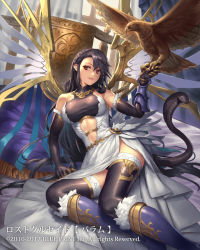 Rule 34 | 1girl, bed, bird, black hair, black thighhighs, boots, breasts, closed mouth, commentary request, covering privates, covering breasts, cuboon, eagle, elbow gloves, flower, full body, fur trim, gloves, hair between eyes, large breasts, long hair, looking at viewer, lost crusade, official art, pillow, reclining, red eyes, skirt, snake, solo, thighhighs, wings, zettai ryouiki