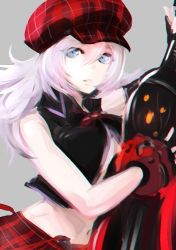 Rule 34 | 10s, 1girl, alisa ilinichina amiella, black gloves, blue eyes, breasts, cabbie hat, elbow gloves, fingerless gloves, gloves, god eater, god eater burst, hat, large breasts, long hair, looking at viewer, midriff, navel, silver hair, solo, suspenders, torayama (mps2nd), underboob