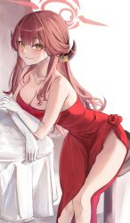 Rule 34 | 1girl, absurdres, aru (blue archive), bare shoulders, blue archive, breasts, cleavage, dress, gloves, highres, looking at viewer, red dress, red hair, shuzuta, smile, solo, white gloves, yellow eyes