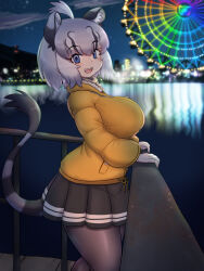 Rule 34 | 1girl, alternate costume, animal ear fluff, animal ears, blue eyes, breasts, cave lion (kemono friends), city lights, cityscape, empty eyes, ferris wheel, grey hair, hand rest, highres, kemono friends, large breasts, lion ears, lion girl, lion tail, long sleeves, looking at viewer, medium hair, miniskirt, mo23, multicolored hair, night, open mouth, outdoors, pantyhose, railing, reflection, reflective water, skirt, smile, solo, tail, water