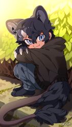Rule 34 | 1boy, animal ears, animal feet, animal hands, artist name, black hair, black hoodie, blue eyes, closed mouth, commentary, denim, deviidog0, full body, fur-tipped tail, green background, highres, hood, hood down, hoodie, horns, jeans, knees up, long sleeves, looking at viewer, looking back, male focus, monster boy, original, outdoors, pants, plant, short eyebrows, short hair, single horn, sitting, smile, solo, symbol-only commentary, tail, twitter username, white horns