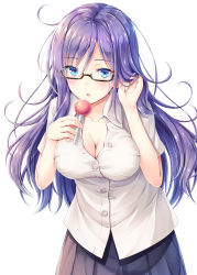 Rule 34 | 1girl, adjusting hair, akashio (loli ace), black-framed eyewear, black skirt, blue eyes, blush, breasts, candy, cleavage, collarbone, commentary request, food, glasses, highres, lollipop, long hair, looking at viewer, medium breasts, open mouth, original, partially unbuttoned, purple hair, semi-rimless eyewear, shirt, simple background, skirt, solo, under-rim eyewear, white background, white shirt