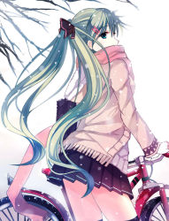 Rule 34 | 1girl, bai kongque, bicycle, green eyes, green hair, hair ornament, hairclip, hatsune miku, looking back, matching hair/eyes, pink scarf, scarf, skirt, snowing, solo, thighhighs, twintails, vocaloid