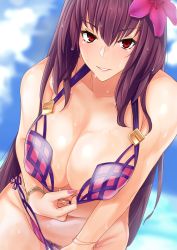 Rule 34 | 1girl, bad id, bad pixiv id, bare shoulders, bikini, bikini pull, blue sky, blush, bracelet, breasts, cleavage, clothes pull, collarbone, commentary request, day, fate/grand order, fate (series), female pubic hair, flower, gachou, hair flower, hair ornament, hibiscus, jewelry, large breasts, leaning forward, long hair, nail polish, outdoors, pink bikini, pubic hair, purple hair, red eyes, revision, scathach (fate), scathach (fate/grand order), scathach (swimsuit assassin) (fate), sky, smile, solo, swimsuit, wet