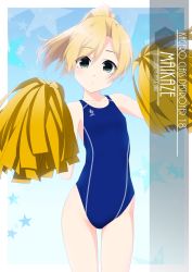 Rule 34 | 1girl, artist name, blonde hair, blue one-piece swimsuit, character name, cheering, cheerleader, commentary request, competition swimsuit, cowboy shot, flat chest, green one-piece swimsuit, grey eyes, highres, holding, holding pom poms, inaba shiki, kantai collection, long hair, looking at viewer, maikaze (kancolle), one-hour drawing challenge, one-piece swimsuit, parted bangs, pom pom (cheerleading), pom poms, ponytail, solo, swimsuit