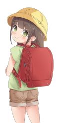 Rule 34 | 1girl, backpack, bad id, bad twitter id, bag, black hair, blush, brown shorts, child, feet out of frame, female focus, from behind, green eyes, green shirt, hat, highres, looking back, okura-chan (at nya5), okura-chan (at nya5) (character), randoseru, school hat, shirt, shorts, simple background, smile, solo, symbol-shaped pupils, white background