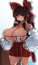 Rule 34 | 1girl, alternate breast size, bow, breasts, brown eyes, brown hair, cleavage, hair bow, hair tubes, hakurei reimu, highres, huge breasts, medium hair, nontraditional miko, oppai loli, red bow, red skirt, sidelocks, simple background, skirt, skirt set, sleeveless, solo, touhou, white background, zanamaoria