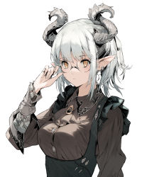 Rule 34 | 1girl, adjusting eyewear, ascot, breasts, brown shirt, character request, clothing request, copyright request, earrings, fingernails, glasses, hand on eyewear, highres, hirooka masaki, horns, jewelry, pointy ears, sharp fingernails, shirt, short ponytail, sidelocks, simple background, solo, upper body, white background, white hair, wing collar, yellow eyes
