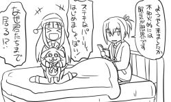 Rule 34 | &gt; &lt;, +++, 10s, 2girls, :d, bed, blunt bangs, book, closed eyes, comic, greyscale, kantai collection, long hair, monochrome, multiple girls, open mouth, pajamas, shiranui (kancolle), sitting, smile, stuffed animal, stuffed toy, tonda, translation request, wariza, yuudachi (kancolle)