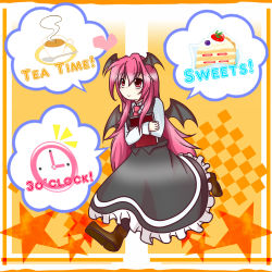 Rule 34 | 1girl, bat wings, black legwear, book, hugging book, border, cake, clock, collared shirt, commentary request, cup, dress shirt, english text, eyebrows, food, fruit, full body, hair between eyes, head wings, highres, holding, holding book, koakuma, long hair, long sleeves, necktie, hugging object, red eyes, red hair, red necktie, saucer, shirt, shoes, sidelocks, skirt, skirt set, smile, solo, speech bubble, spoken food, spoken object, spoon, star (symbol), steam, strawberry, teacup, touhou, very long hair, vest, walking, white shirt, wings, yukke 1986