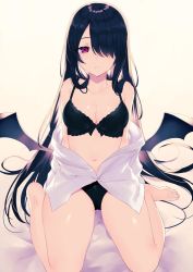 Rule 34 | 1girl, achiki, backlighting, bad id, bad twitter id, bare legs, bare shoulders, barefoot, bat wings, black bra, black hair, black panties, bow, bow bra, bra, breasts, cleavage, collarbone, full body, hair over one eye, lace trim, long hair, long sleeves, looking at viewer, medium breasts, navel, off shoulder, open clothes, open shirt, original, panties, parted lips, purple eyes, shirt, sitting, solo, stomach, thighs, underwear, very long hair, wariza, white shirt, wings, yellow background