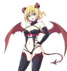 Rule 34 | 1girl, bare shoulders, black thighhighs, blonde hair, bridal gauntlets, choker, demon girl, demon tail, demon wings, female focus, green eyes, hand on own hip, harness, horns, isaki (gomi), mizuhashi parsee, navel, oekaki, pointy ears, short hair, simple background, smile, solo, tail, thighhighs, touhou, white background, wings