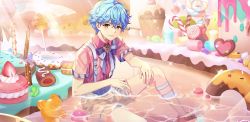 Rule 34 | 1boy, afterl!fe, blue hair, brown eyes, cake, candy, food, highres, jamie (afterl!fe), looking at viewer, male focus, official art, open mouth, pastel colors, scowl, second-party source, short hair, short sleeves, shorts, socks, solo, suspenders, sweets, teeth, white socks