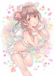 Rule 34 | 10s, 1girl, bad id, bad pixiv id, bikini, bow, breasts, brown eyes, brown hair, rabbit tail, dsmile, flower, frilled bikini, frills, hair bow, hair rings, hands on own cheeks, hands on own face, long hair, looking at viewer, love live!, love live! school idol project, minami kotori, open mouth, rectangle, side ponytail, solo, swimsuit, tail, wings