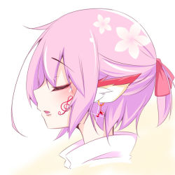 Rule 34 | 1girl, animal ears, asn s, bird ears, blush, close-up, earrings, eighth note, closed eyes, from side, jewelry, musical note, mystia lorelei, open mouth, pink hair, short hair, simple background, single earring, solo, touhou, treble clef, white background
