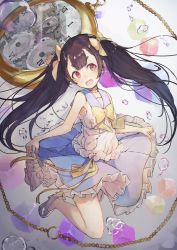 Rule 34 | 1girl, :d, air bubble, black hair, blouse, blue skirt, bubble, chain, frills, full body, high heels, highres, kikkaiki, long hair, looking at viewer, open mouth, original, pink eyes, pocket watch, roman numeral, sailor collar, shirt, skirt, smile, solo, thick eyebrows, twintails, underwater, watch, white shirt