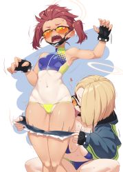 Rule 34 | 2girls, armpits, bikini, blonde hair, blue archive, bracelet, breasts, dev (dev0614), fingerless gloves, glasses, gloves, halo, highres, jewelry, large breasts, licking, licking leg, looking over eyewear, looking over glasses, mask, micro bikini, mouth mask, multiple girls, navel, orange-tinted eyewear, orange-tinted glasses, red hair, seaside sukeban (mg) (blue archive), seaside sukeban (smg) (blue archive), sharp teeth, side ponytail, simple background, small breasts, spiked bracelet, spikes, sunglasses, surgical mask, sweat, swimsuit, tan, tanline, teeth, tinted eyewear, yellow-tinted eyewear, yellow-tinted glasses, yuri