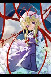 Rule 34 | 1girl, bad id, bad twitter id, blonde hair, bow, dress, frilled dress, frills, hair bow, hat, hat ribbon, highres, juliet sleeves, letterboxed, long hair, long sleeves, looking at viewer, md5 mismatch, mob cap, open mouth, puffy sleeves, purple eyes, pyonsuke (pyon2 mfg), resized, ribbon, smile, solo, tabard, touhou, white dress, yakumo yukari