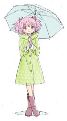 Rule 34 | 10s, 1girl, alternate costume, blush, boots, female focus, kaname madoka, kannari, long sleeves, mahou shoujo madoka magica, mahou shoujo madoka magica (anime), official style, pink hair, raincoat, red eyes, rubber boots, short hair, short twintails, smile, solo, twintails, umbrella, white background