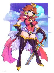Rule 34 | 1girl, alternate costume, black gloves, blue eyes, breasts, brown hair, covered navel, earrings, flower earrings, full body, gloves, highres, holding, holding sword, holding weapon, jewelry, large breasts, looking at viewer, mario (series), medium hair, moon, night, night sky, nintendo, oomasa teikoku, princess daisy, sky, solo, super mario land, sword, tomboy, weapon