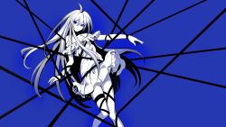 Rule 34 | 1girl, ahoge, bad id, bad twitter id, bare shoulders, blue background, blue eyes, blue theme, copyright request, dress, entangled, feet out of frame, floating hair, hair between eyes, highres, long hair, looking at viewer, maruchi, monochrome, outstretched arms, parted lips, short dress, simple background, sleeveless, sleeveless dress, solo, spread arms, standing, very long hair